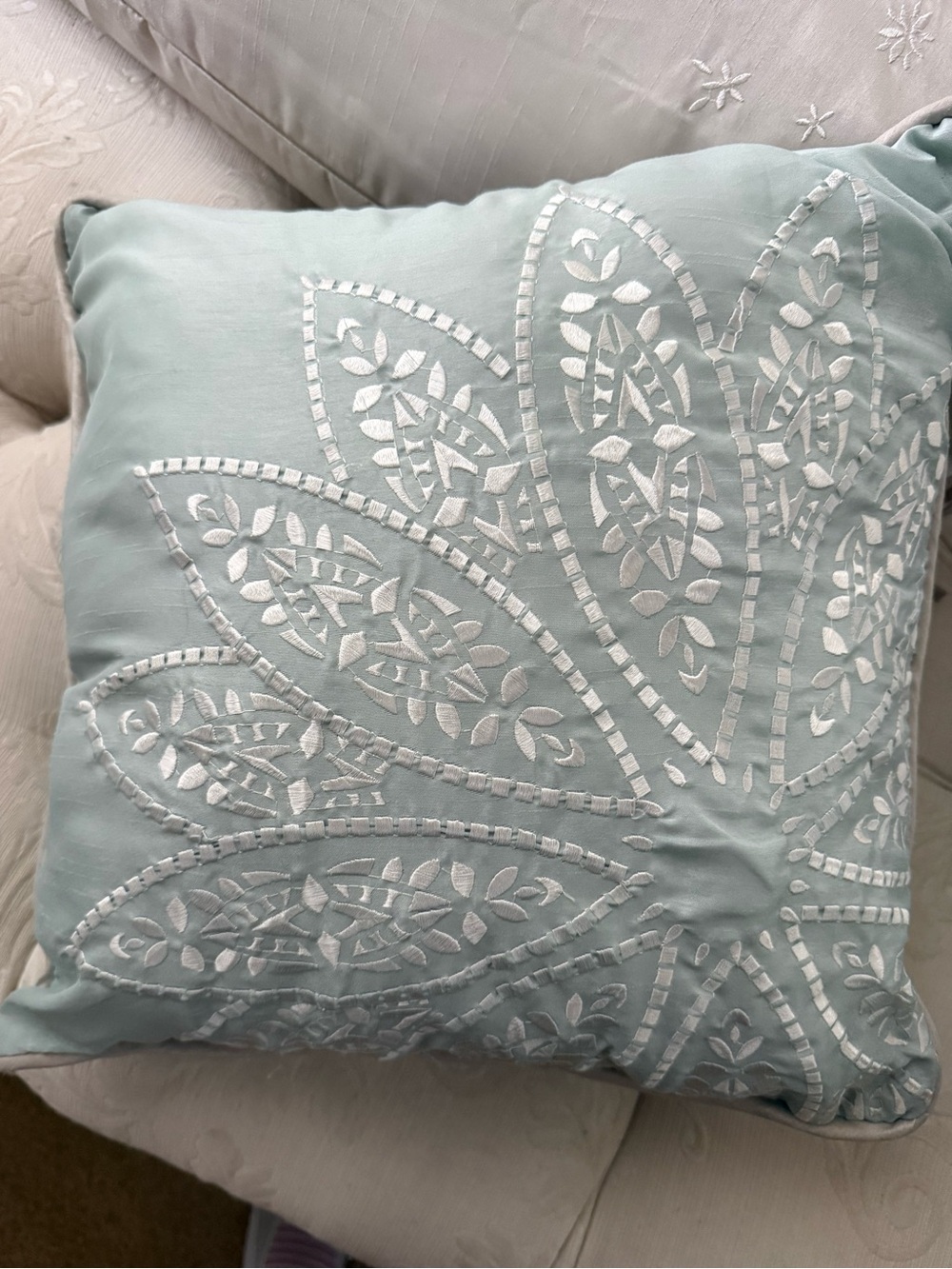 Embroidered Floral Mint Throw Pillow - Decorative Home Accent